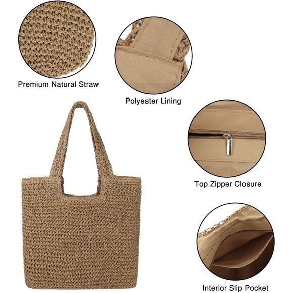 Women's A Brown Large Straw Beach Bag Handmade Woven Shoulder Hobo Tote Handbag - Picture 2 of 6